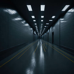 Underground Tunnel, Futuristic Empty Interior, Tiles on Wall, Dark, Glowing Tube Led Lights, Industrial, Generative AI