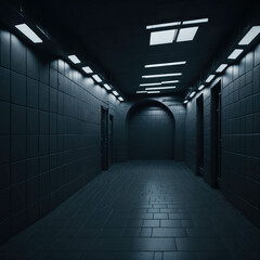 Underground Tunnel, Futuristic Empty Interior, Tiles on Wall, Dark, Glowing Tube Led Lights, Industrial, Generative AI