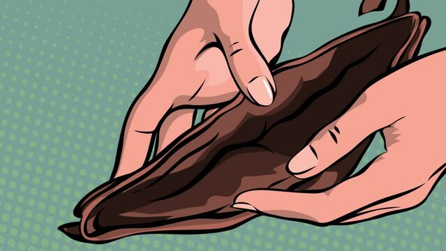 Empty purse in the hands of a woman. Open wallet without money closeup. Financial crisis, unemployment and poverty. Social problem. Cartoon vector illustration pop art