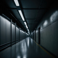Fototapeta premium Underground Tunnel, Futuristic Empty Interior, Tiles on Wall, Dark, Glowing Tube Led Lights, Industrial, Generative AI