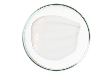 Petri dish isolated on empty background. A smear of cosmetic cream in a Petri dish.