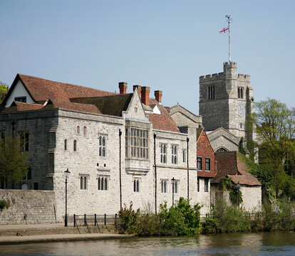 Maidstone, Kent, England: A general view of All Saints church on the River Medway. All Saints is a Grade 1 listed church was founded in 1395 on the site of an earlier church.