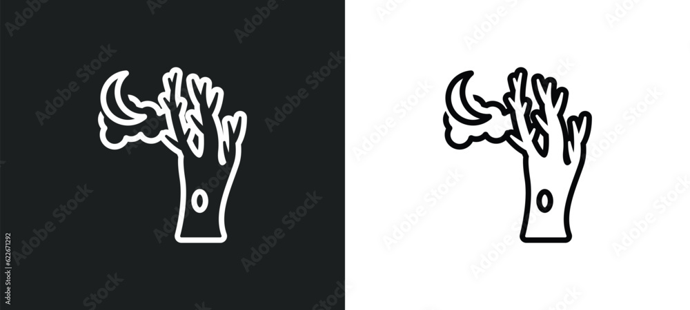Poster moon and tree outline icon in white and black colors. moon and tree flat vector icon from travel col