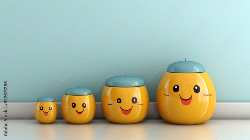 Poster a group of three yellow canisters with faces on them. generative ai image.