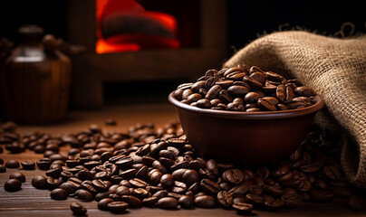 Brown Roasted Coffee Beans Closeup On Dark Background on wooden table, fresh delicious coffee copy space