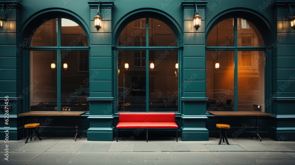 Poster a red bench sitting in front of a green building. generative ai image.