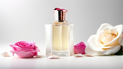 Obraz na płótnie Canvas Perfume bottle with rose flowers and petals on light background. Generative AI