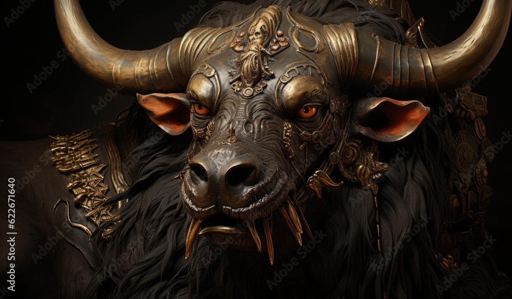 Poster a close up of a statue of a bull with horns. generative ai image.