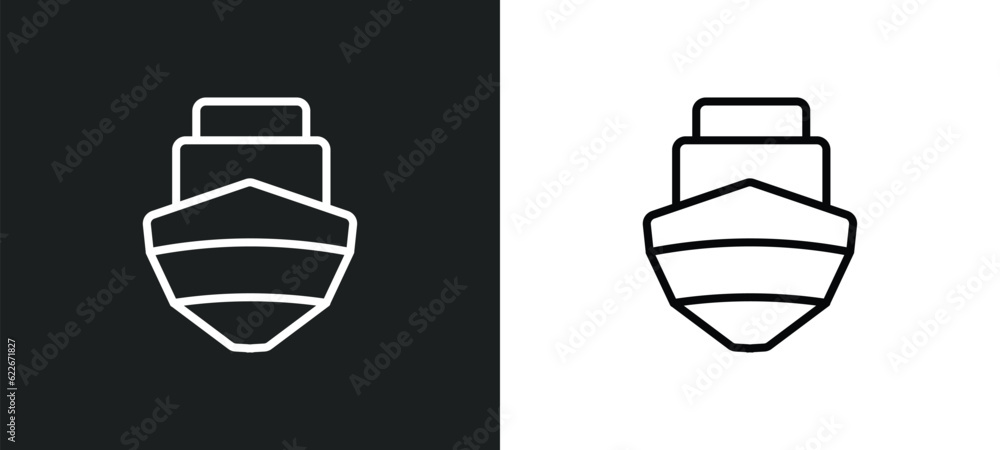 Poster boat front view outline icon in white and black colors. boat front view flat vector icon from transp