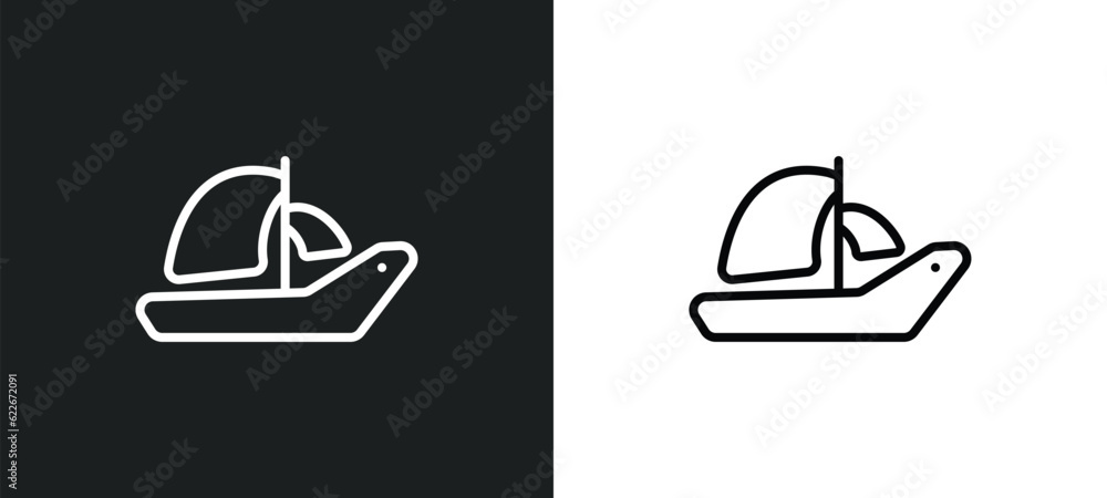 Poster catamaran outline icon in white and black colors. catamaran flat vector icon from transportation col