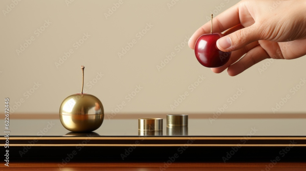 Poster a person holding an apple over a stack of coins. generative ai image.