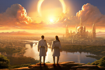 Two persons contemplating the holy city the New Jerusalem in the distance Generative AI Illustration