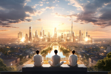 Naklejka premium Three angels contemplating the holy city the New Jerusalem in the distance Generative AI Illustration