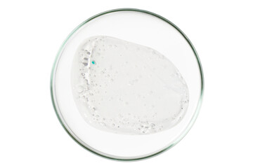 Petri dish isolated on empty background. A smear of a transparent gel, serum in a Petri dish.