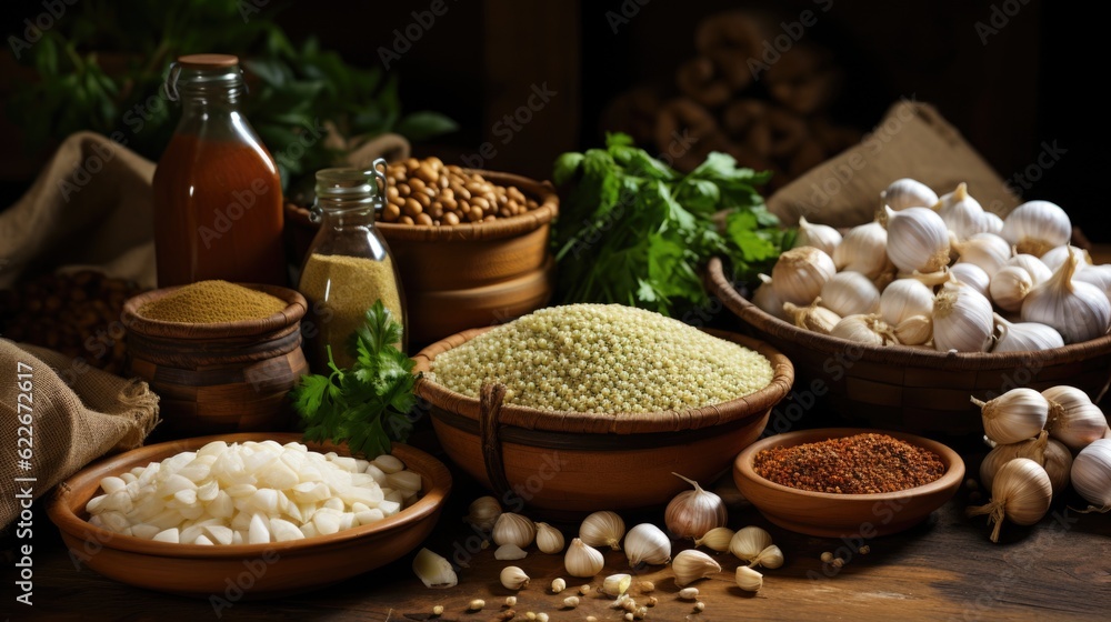 Poster a wooden table topped with lots of different types of food. generative ai image.