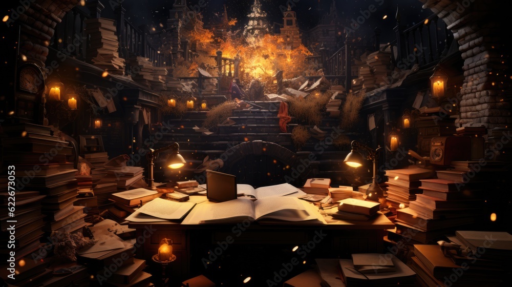 Poster a desk with books and a laptop on it. generative ai image.