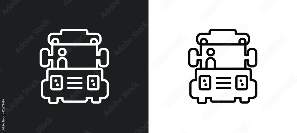 Poster bus front with driver outline icon in white and black colors. bus front with driver flat vector icon