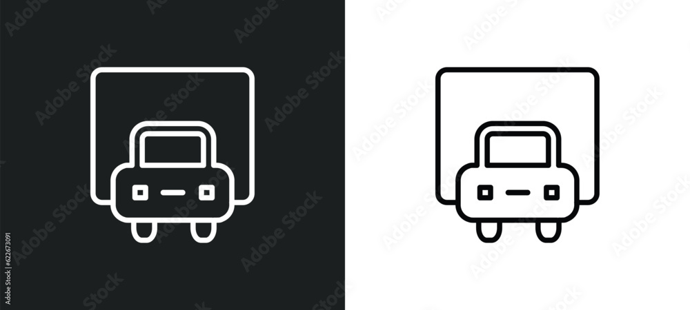 Poster van front view outline icon in white and black colors. van front view flat vector icon from transpor