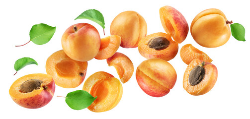 Ripe apricots and apricot slices flying in air on white background. File contains clipping paths.
