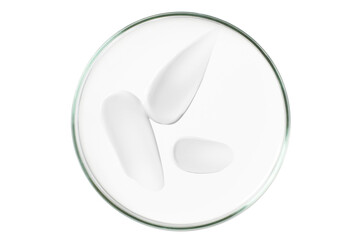 Petri dish isolated on empty background. A smear of cosmetic cream in a Petri dish.