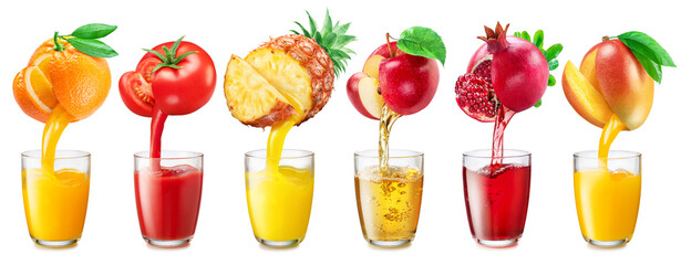 Collection of juice glasses and fresh juice pouring from fruits into the glasses on white...