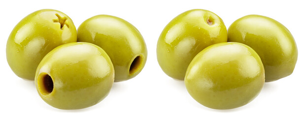 Three pitted olives and three whole olives isolated on white background.