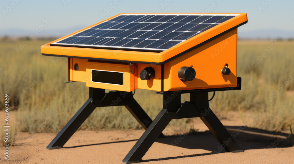 Poster a solar powered table in the middle of a field. generative ai image.