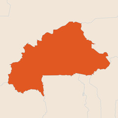 Map of the country of Burkina Faso highlighted in orange isolated on a beige blue background