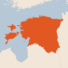 Map of the country of Estonia highlighted in orange isolated on a beige blue background