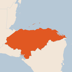 Map of the country of Honduras highlighted in orange isolated on a beige blue background