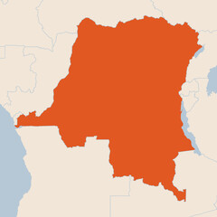Map of the country of Democratic Republic of the Congo highlighted in orange isolated on a beige blue background