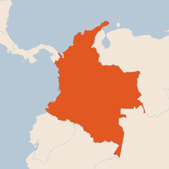 Map of the country of Colombia highlighted in orange isolated on a beige blue background