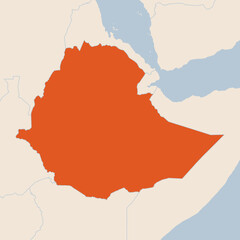 Map of the country of Ethiopia highlighted in orange isolated on a beige blue background