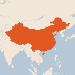 Map of the country of China with neighbours Orange on Beige wgs highlighted in orange isolated on a beige blue background