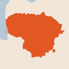 Map of the country of Lithuania highlighted in orange isolated on a beige blue background