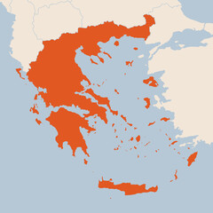 Map of the country of Greece highlighted in orange isolated on a beige blue background