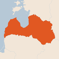 Map of the country of Latvia highlighted in orange isolated on a beige blue background