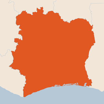 Map of the country of Ivory Coast highlighted in orange isolated on a beige blue background