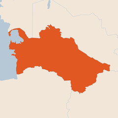 Map of the country of Turkmenistan highlighted in orange isolated on a beige blue background