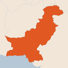 Map of the country of Pakistan highlighted in orange isolated on a beige blue background
