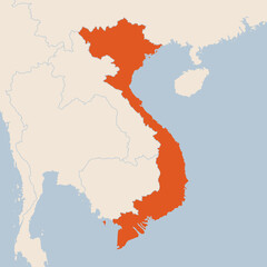 Map of the country of Vietnam highlighted in orange isolated on a beige blue background
