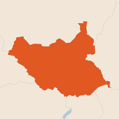 Obraz premium Map of the country of S. Sudan highlighted in orange isolated on a beige blue background