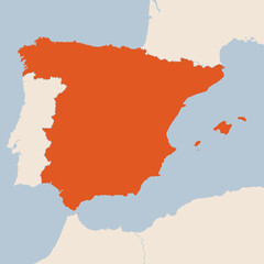 Fototapeta premium Map of the country of Spain highlighted in orange isolated on a beige blue background