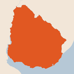 Map of the country of Uruguay highlighted in orange isolated on a beige blue background
