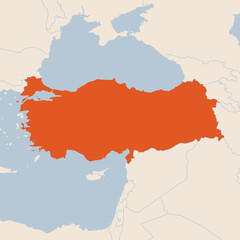 Obraz premium Map of the country of Turkey highlighted in orange isolated on a beige blue background