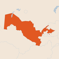 Map of the country of Uzbekistan highlighted in orange isolated on a beige blue background
