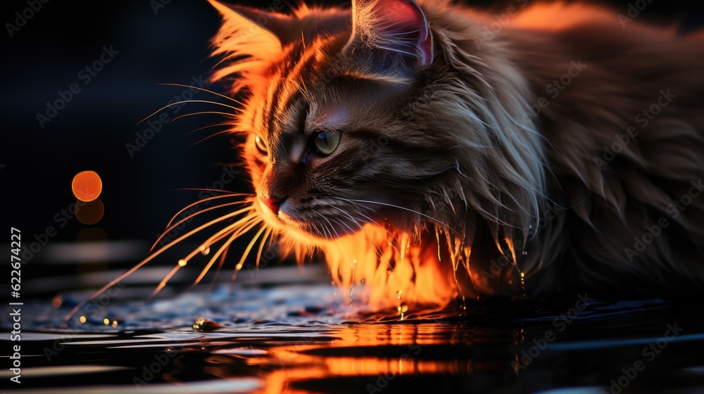 Poster a long haired cat sitting on top of a table. generative ai image.