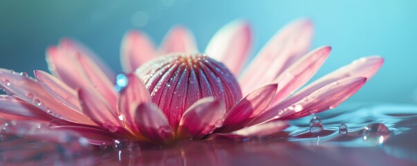 Obraz na płótnie Canvas Banner close up drop of water morning dew on petal of pink chrysanthemum flower. Ai generative.
