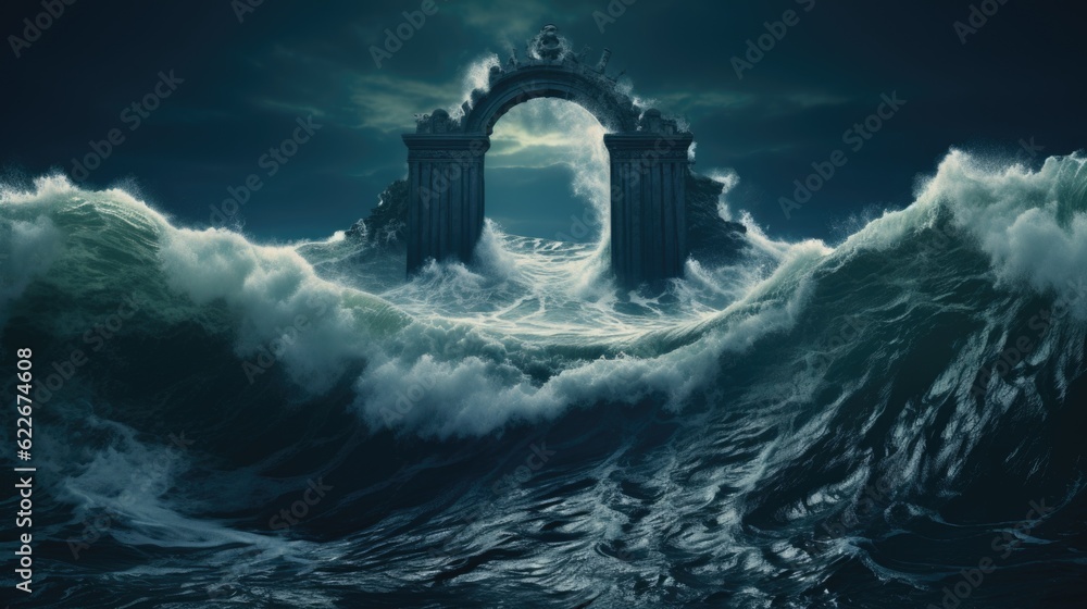Poster a large body of water with a gate in the middle of it. generative ai image.