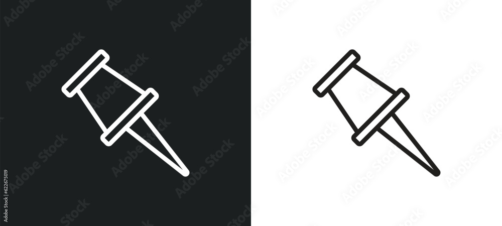Poster school push pin outline icon in white and black colors. school push pin flat vector icon from tools 